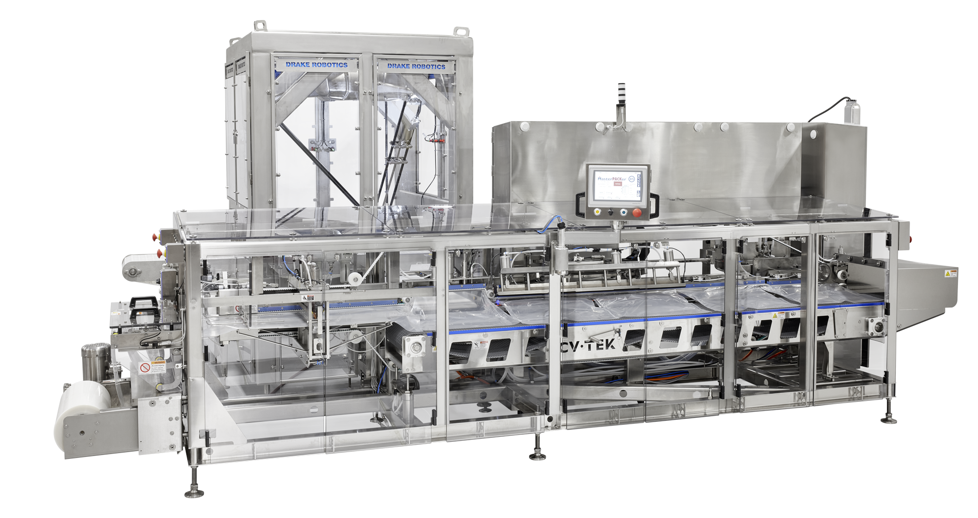 Side view of the MasterPACKer® X5 with integrated Drake Robotics system, highlighting the full-length machine enclosure, touchscreen interface, film roll, and robotic tray loading system for automated MAP applications.